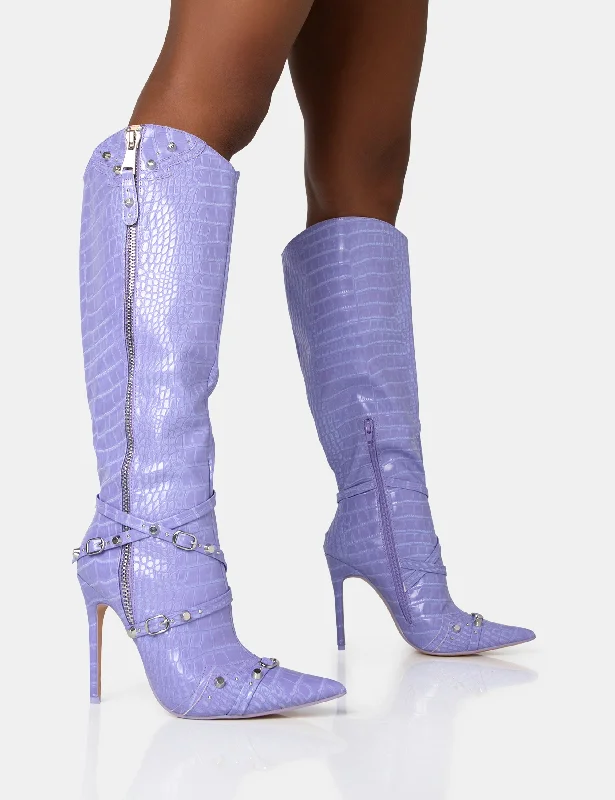 women's heeled boots for fashion bloggersWorthy Lilac Croc Studded Zip Detail Pointed Toe Stiletto Knee High Boots