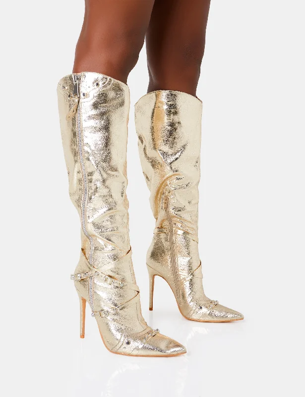 women's heeled boots with embroideryWorthy Metallic Gold Studded Zip Detail Stiletto Knee High Boots