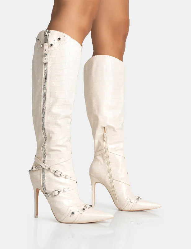 women's heeled boots with pointed toesWorthy Ecru Croc Studded Zip Detail Pointed Stiletto Knee High Boots