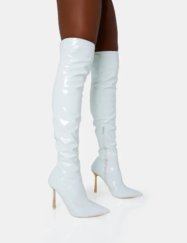 women's heeled boots with unique designsZhenya White Patent Gold Contrast Stiletto Over The Knee Boots