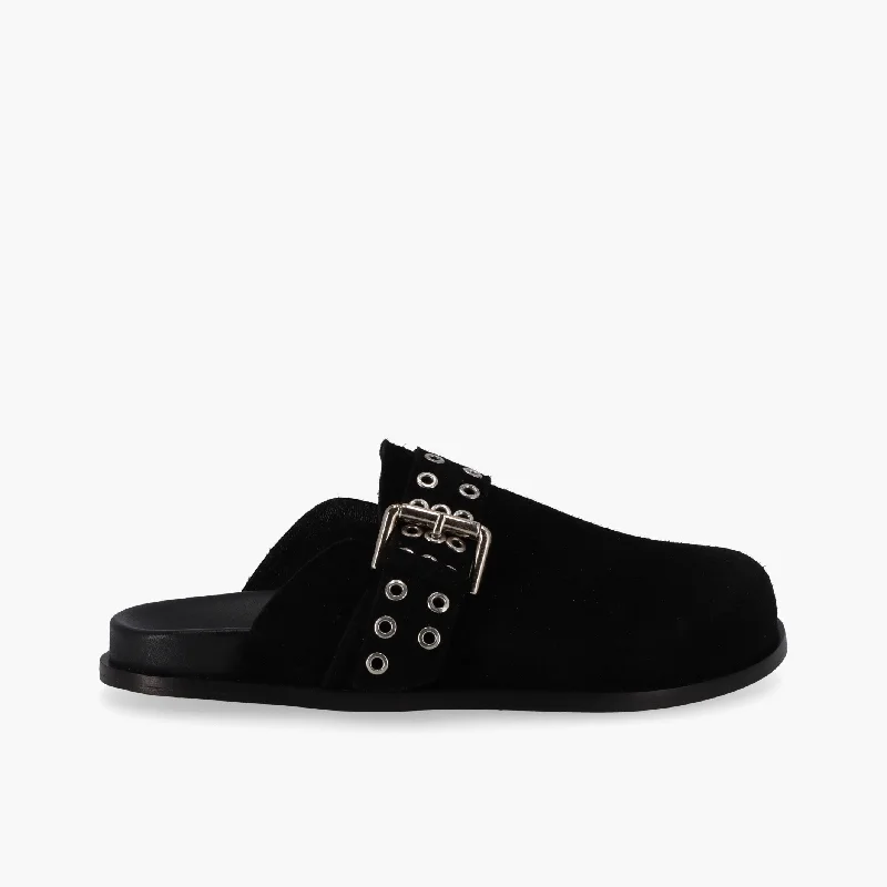 men's fur-lined mulesHalia Black Leather Mules