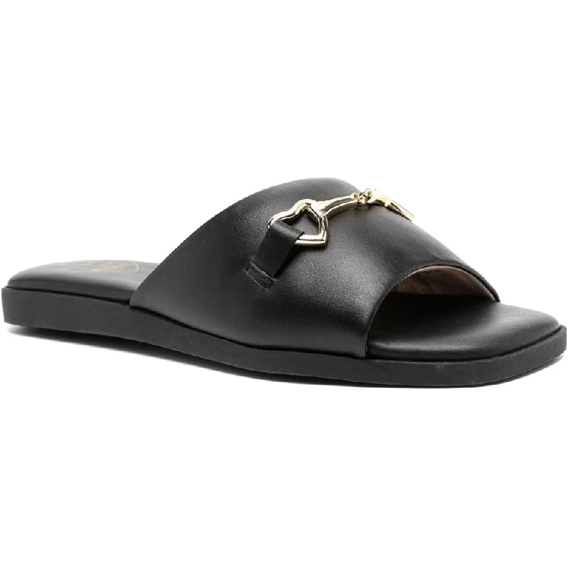 leather men mulesLove Moschino Women's Leather Slides with Heart Chain, Black