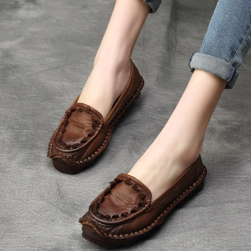 Men's casual shoes with a removable footbed for cleaningWomen Cowhide Handmade Soft Casual Shoes